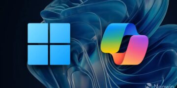 لوگوی رسمی ویندوز ۱۱ در کنار لوگوی رنگارنگ هوش مصنوعی Copilot بر روی پس‌زمینه آبی.