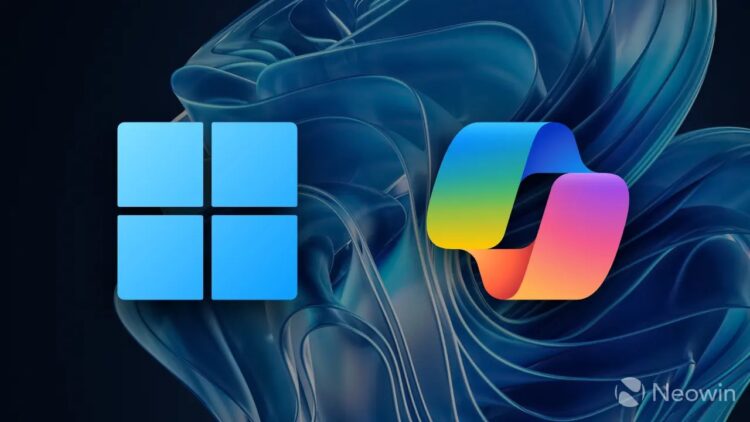 لوگوی رسمی ویندوز ۱۱ در کنار لوگوی رنگارنگ هوش مصنوعی Copilot بر روی پس‌زمینه آبی.
