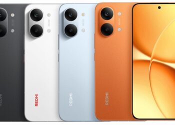 چهار گوشی Redmi Turbo 5 MAX در رنگ‌های مشکی، سفید، آبی روشن و نارنجی در کنار نمای جلوی دستگاه با حاشیه بسیار کم.