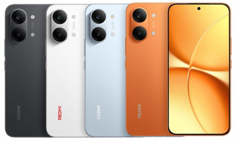 چهار گوشی Redmi Turbo 5 MAX در رنگهای مشکی، سفید، آبی روشن و نارنجی در کنار نمای جلوی دستگاه با حاشیه بسیار کم.