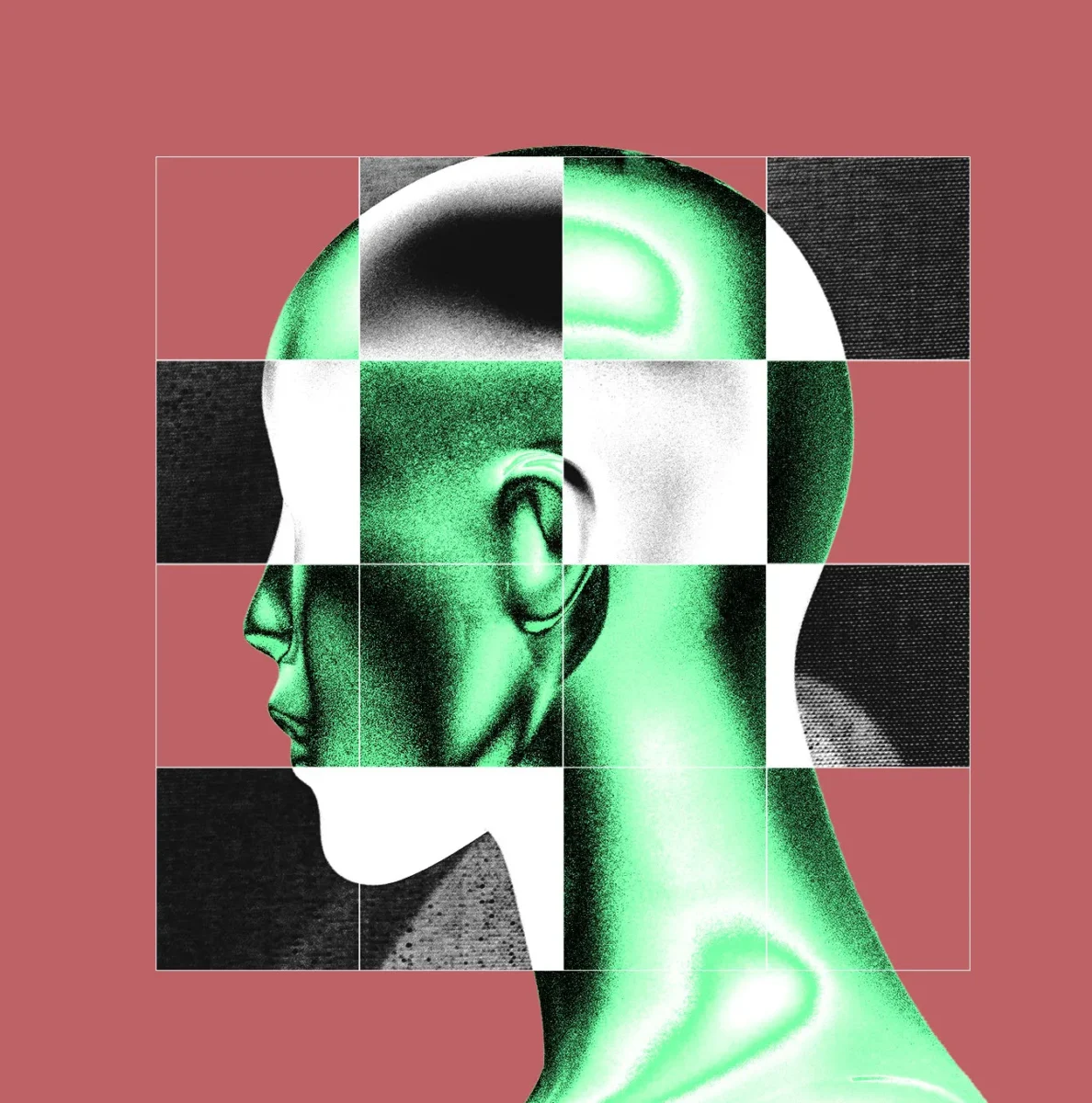 یک تصویر هنری و انتزاعی از نیم‌رخ سر انسان که به صورت شطرنجی و با رنگ‌های سبز و مشکی طراحی شده است.