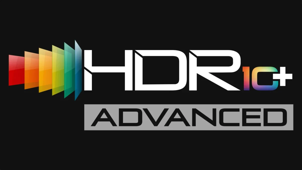 لوگوی رسمی HDR10+ Advanced با طیف رنگی رنگین‌کمانی در سمت چپ بر روی پس‌زمینه مشکی.