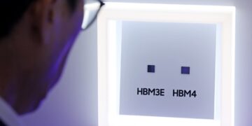 نمای نزدیک از فردی که در حال مشاهده دو تراشه کوچک حافظه با برچسبهای HBM3E و HBM4 در یک محفظه نمایشگاهی روشن است.