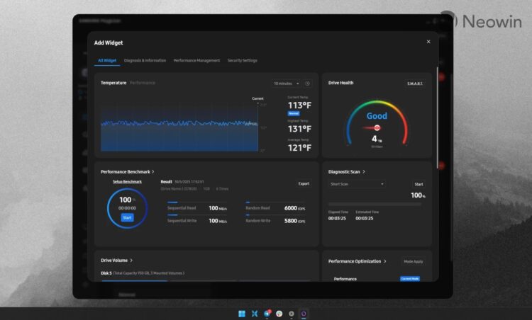 اسکرین‌شات از محیط نرم‌افزار Samsung Magician برای مدیریت و مانیتورینگ سلامت SSD.