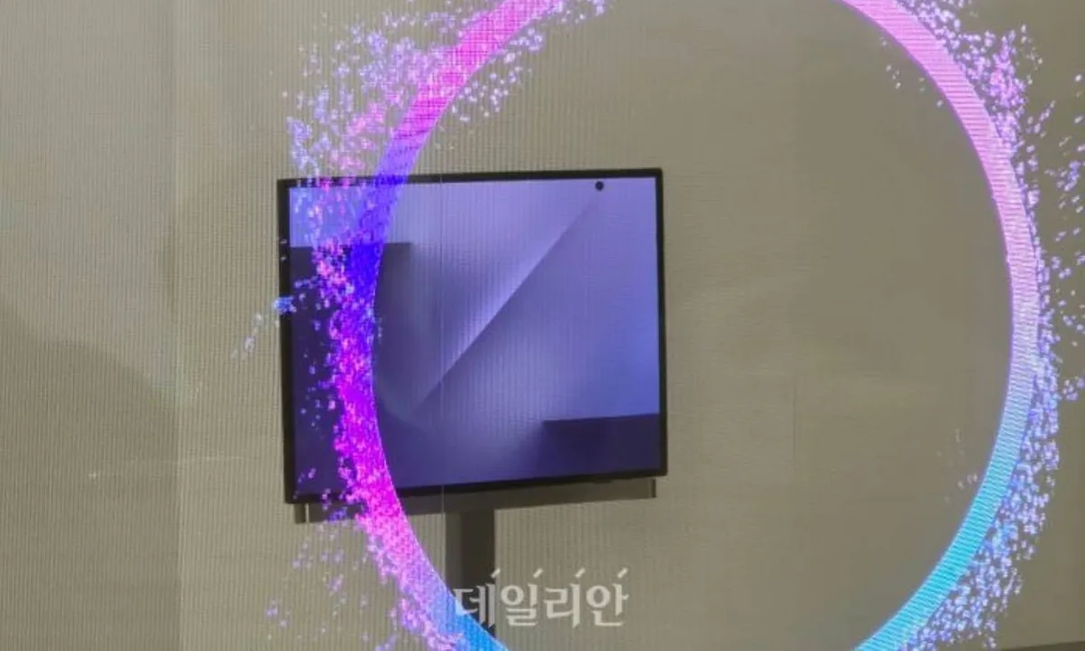 یک صفحه نمایش دیجیتال در یک نمایشگاه تکنولوژی که طرح‌های گرافیکی بنفش و دایره‌ای را نشان می‌دهد.