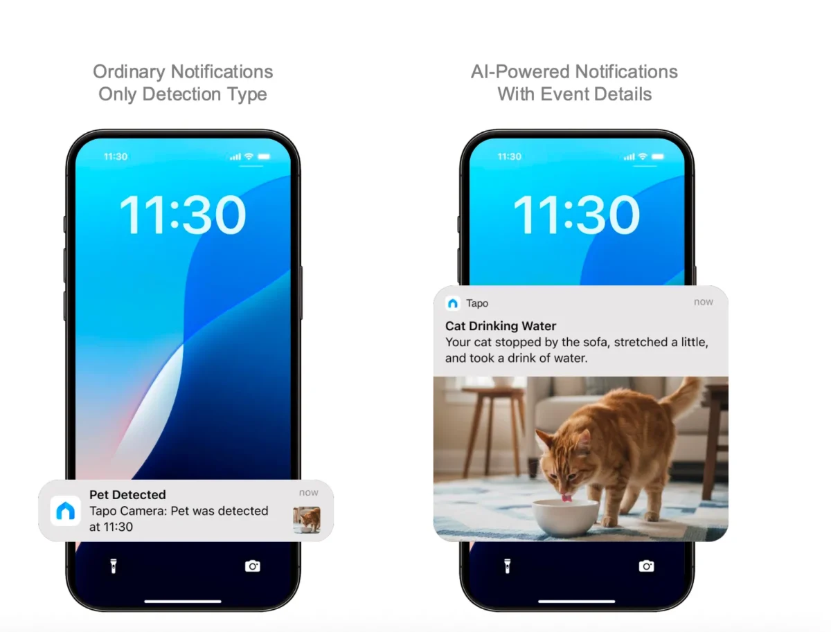 تصویر مقایسه‌ای رابط اعلان‌های یک اپلیکیشن دوربین هوشمند روی گوشی هوشمند؛ در سمت چپ اعلان عادی شناسایی حیوان خانگی با زمان ثبت، و در سمت راست اعلان مبتنی بر هوش مصنوعی همراه با توضیح رویداد و تصویر ثبت‌شده