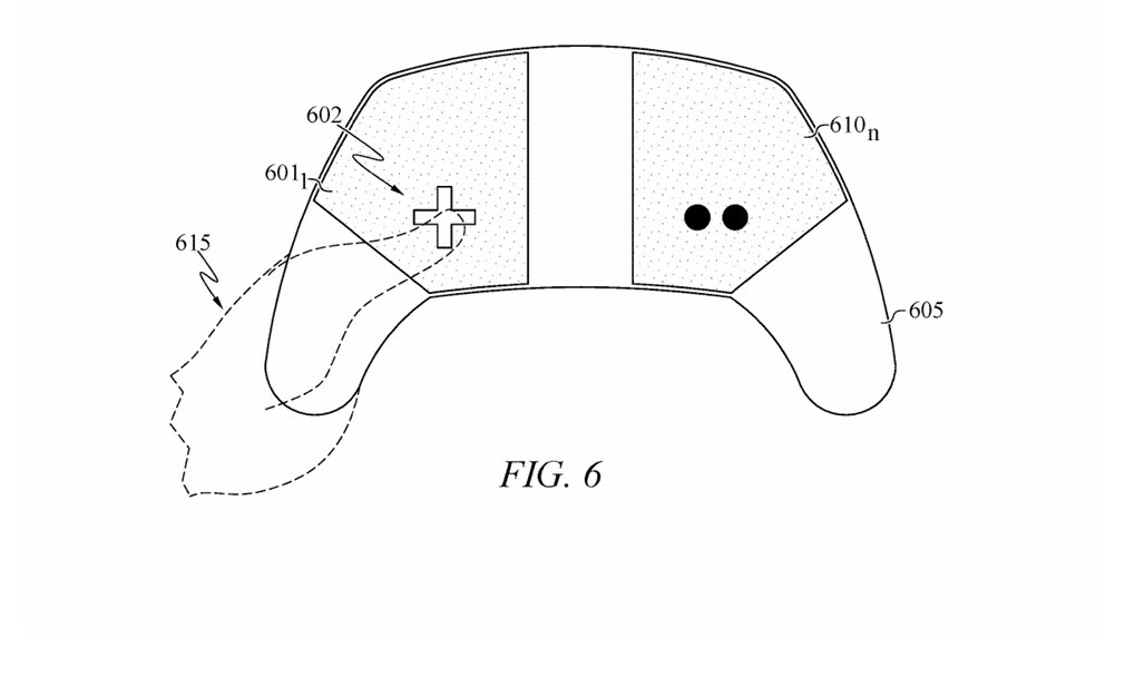 دیاگرام فنی کنترلر PlayStation در اسناد پتنت که نواحی حساس به لمس، چیدمان دکمهها و بدنه ارگونومیک را با خطوط مرجع و شمارهگذاری قطعات نمایش میدهد.