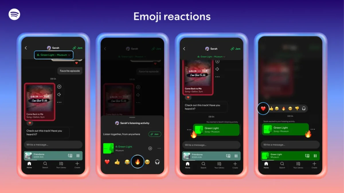 رندر رابط Spotify روی چهار گوشی نمایشگر، شامل بخش «Emoji Reactions» برای تعامل با فعالیت‌های شنیداری مخاطب؛ دارای نمادهای ایموجی در پایین صفحه و طراحی با تم مشکی و گرادیان آبی‑نارنجی.