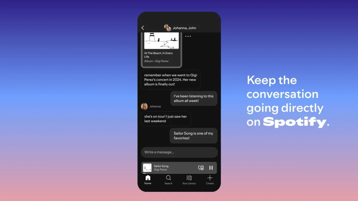 اینفوگرافیک گوشی هوشمند که رابط کاربری چت گروهی در اسپاتیفای را نشان می‌دهد و متنی با مضمون "ادامه گفتگوها مستقیماً در اسپاتیفای" در کنار آن دیده می‌شود.