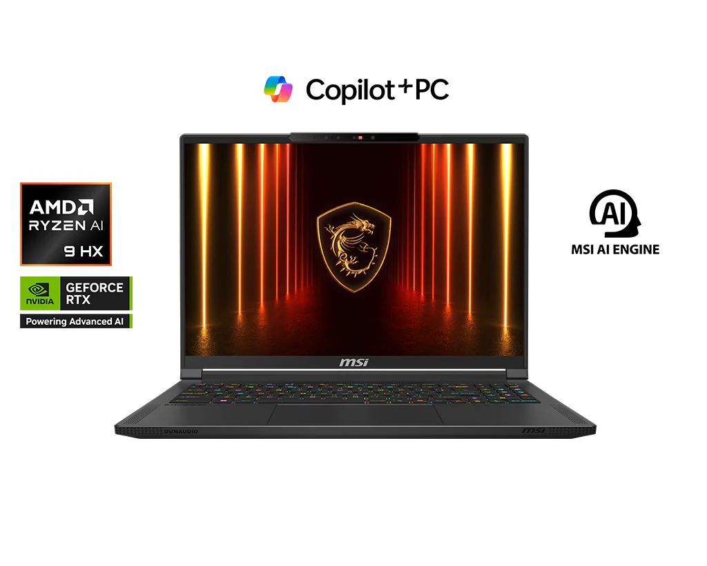 نمای روبه‌رو از لپ‌تاپ MSI مدل Stealth A16 AI با نشان‌های AMD Ryzen AI 9 HX، پردازنده گرافیکی NVIDIA RTX و لوگوی Copilot+ PC.