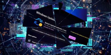 طرح گرافیکی انتزاعی از پنجره‌های مختلف به‌روزرسانی (Windows Update) و کدهای دیجیتال.