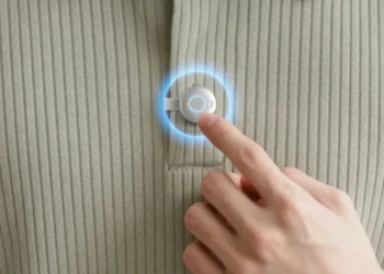 نمای نزدیک از فشار دادن دکمه یک دستگاه ضبط صدای کوچک و دایره‌ای که روی یقه لباس نصب شده است.