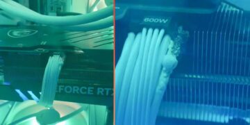 نمای نزدیک از داخل کیس رایانه که یک کارت گرافیک NVIDIA GeForce RTX را نشان می‌دهد. کابل برق ضخیم متصل به کانکتور کارت گرافیک دچار تغییر شکل و ذوب‌شدگی شده است. برچسب 600W روی کانکتور برق قابل مشاهده است و هیت‌سینک فلزی کارت گرافیک در پس‌زمینه دیده می‌شود.