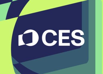 یک طرح گرافیکی انتزاعی با رنگ‌های سبز و سرمه‌ای که لوگوی نمایشگاه CES در مرکز آن قرار دارد.