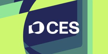 یک طرح گرافیکی انتزاعی با رنگ‌های سبز و سرمه‌ای که لوگوی نمایشگاه CES در مرکز آن قرار دارد.