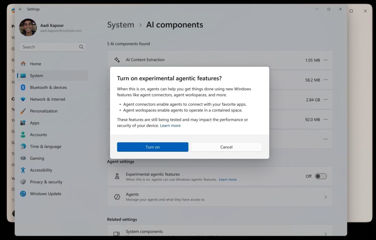 منوی تنظیمات AI components در ویندوز ۱۱ برای فعال‌سازی ویژگی‌های آزمایشی "Agentic".