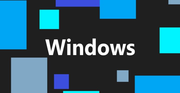 لوگوی نوشتاری Windows با فونت سفید در میان مربعهایی با طیف رنگی آبی و خاکستری در پسزمینه مشکی.