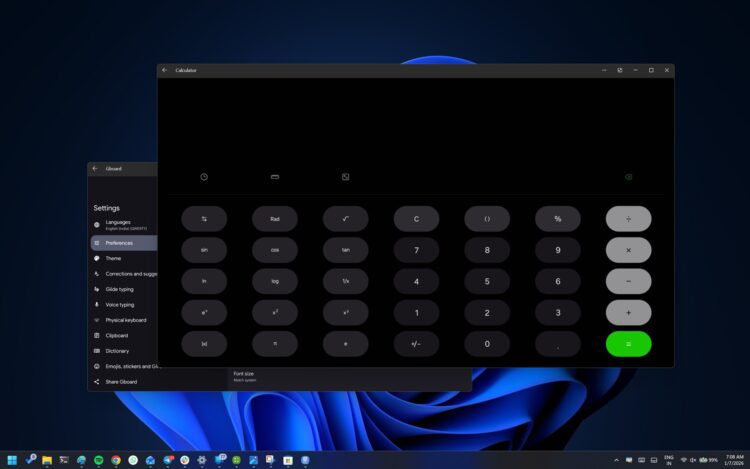 اجرای همزمان اپلیکیشنهای اندرویدی (Gboard و Calculator) روی دسکتاپ ویندوز ۱۱.