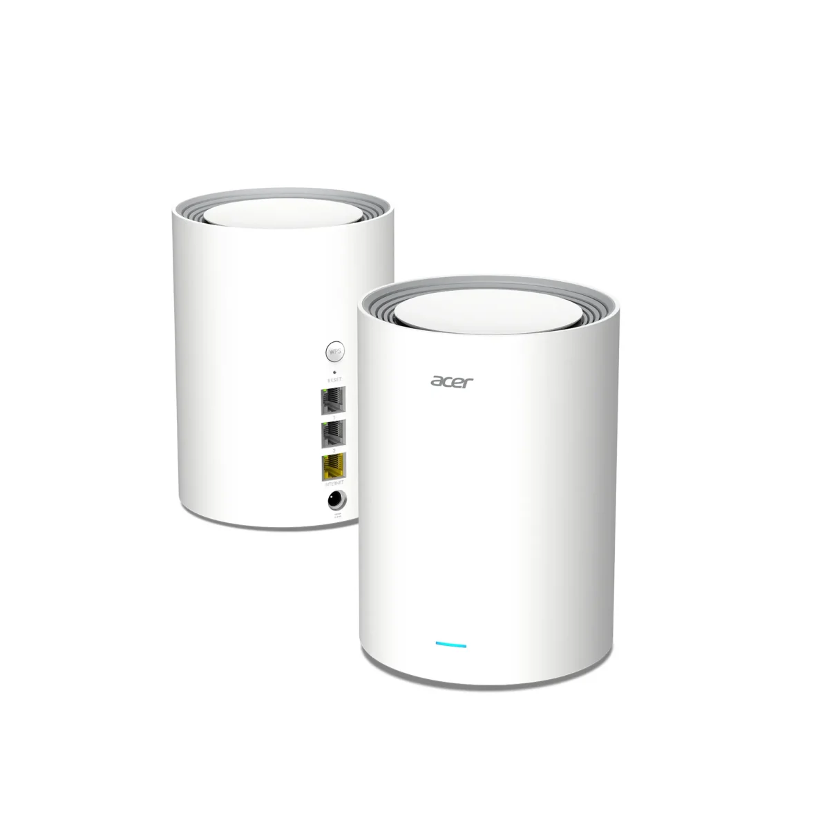 دو روتر مش Acer Connect Ovia با طراحی استوانهای سفید و مینیمالیستی، مناسب پوشش Wi-Fi خانگی و اداری