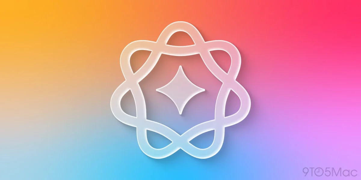 آیکون انتزاعی و درخشان "هوش مصنوعی اپل" به شکل یک گل متقارن روی پسزمینه گرادینت رنگی.