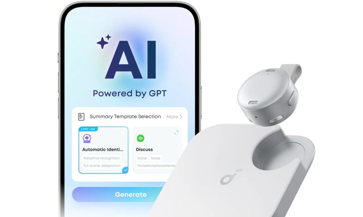 تصویر یک گوشی هوشمند با عبارت "AI Powered by GPT" در کنار دستگاه ضبط صدای کوچک برند Soundcore.