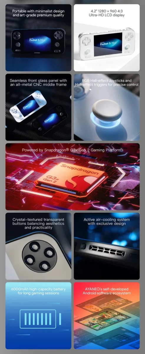 اینفوگرافیک ویژگیهای فنی کنسول AYANEO شامل نمایشگر ۴.۲ اینچی، پردازنده اسنپدراگون G3x Gen 2 و باتری ۶۰۰۰ میلیآمپری.