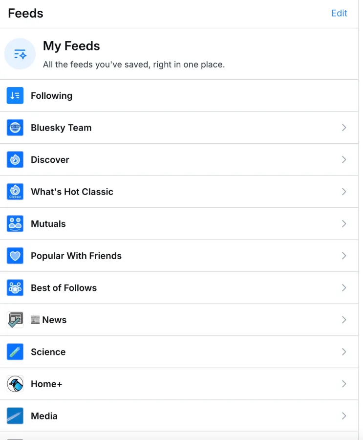 لیست فیدهای مختلف در اپلیکیشن Bluesky مانند Following، Discover و Science برای شخصی‌سازی محتوا.