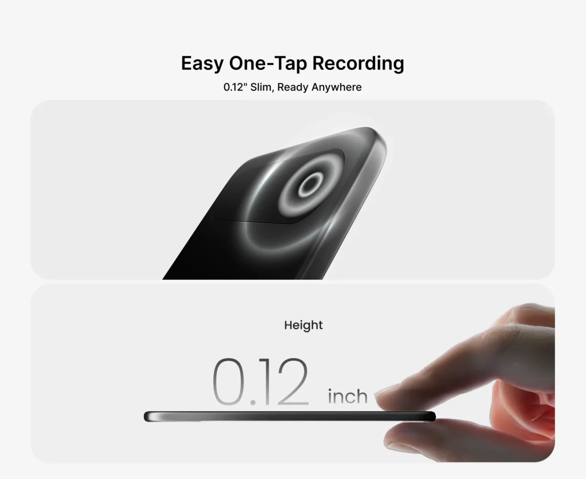 نمای نزدیک از دستگاه ضبط صدا با ضخامت ۰.۱۲ اینچ در کنار دست انسان برای مقایسه اندازه.