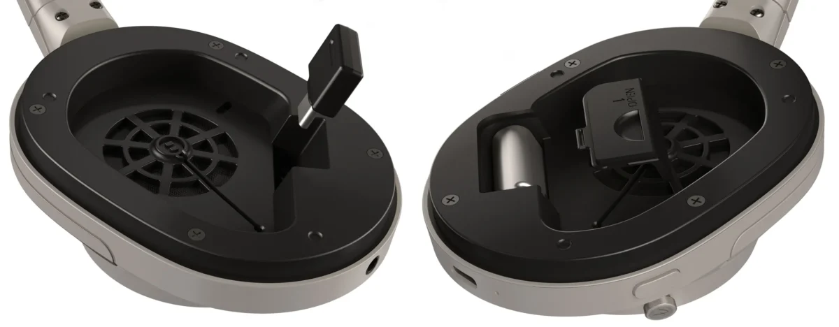 نمای مقطعی از محفظه داخلی کاپ هدفون Fender، نمایش اجزای داخلی شامل درایور صوتی، محفظه آکوستیکی و اجزای مکانیکی تنظیم، در نمای فنی از دو زاویه