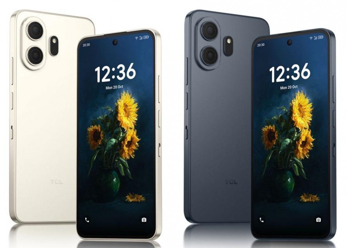 نمای روبرو و پشت دو گوشی هوشمند TCL در رنگ‌های کرم و خاکستری با تصویر گل آفتابگردان روی صفحه.