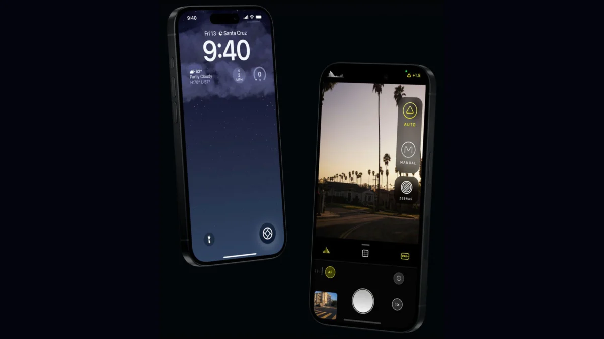 دو گوشی آیفون که رابط کاربری حرفه‌ای اپلیکیشن دوربین Halide را نمایش می‌دهند.