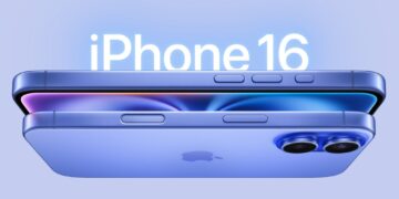 نمای نزدیک از دو گوشی آیفون ۱۶ بنفش رنگ که روی هم قرار گرفتهاند و عبارت iPhone 16 با درخشش سفید بالای آنها دیده میشود.