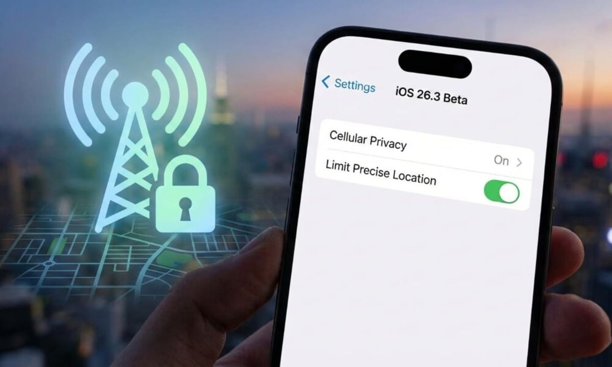 نمای رابط کاربری iOS 26.3 Beta در بخش Settings که گزینه Limit Precise Location را در تنظیمات Cellular Privacy با وضعیت فعال نمایش میدهد، همراه با آیکون مفهومی حریم خصوصی و سیگنال شبکه در پسزمینه.