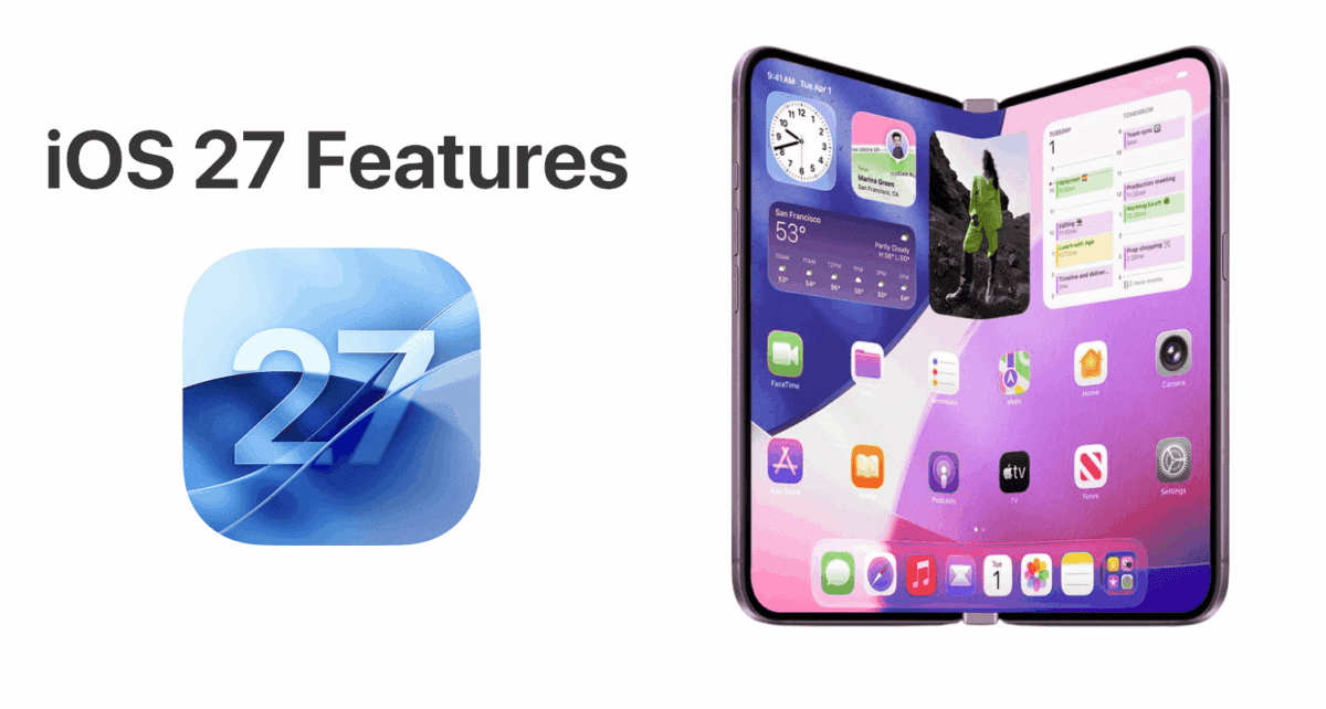 کانسپت آرت iOS 27 روی یک آیفون تاشو در حالت باز شده.