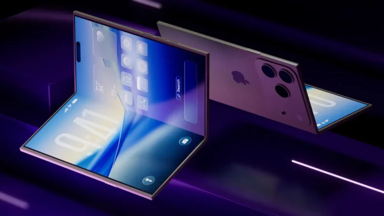 نمای دیگر از همان طراحی مفهومی آیفون تاشو، این بار از زاویه‌ای که خط تا شدن (hinge) و ضخامت بدنه را بهتر نشان می‌دهد. سطح صیقلی و انعکاس نور بر روی پنل بیرونی مشهود است. هیچ المان انسانی، دکمه یا صفحه‌نمایشی در تصویر وجود ندارد.