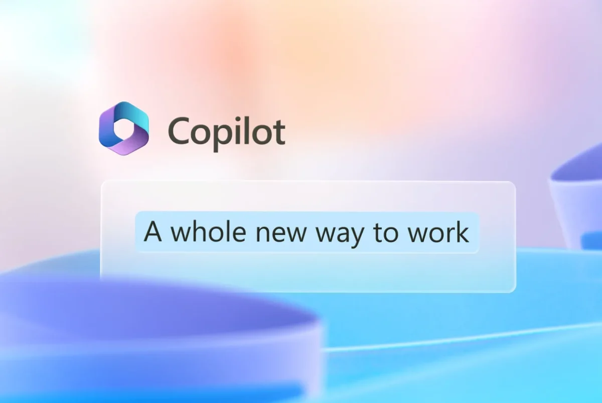 لوگوی رنگارنگ Microsoft Copilot به همراه عبارت "A whole new way to work".
