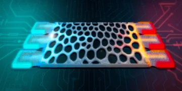 نمایی مفهومی از یک ساختار سیلیکونی شابداع روشی جدید برای پردازش دادهها با استفاده از گرمای هدررفته متخلخل که انتقال گرما را از ناحیه سرد آبیرنگ به ناحیه گرم قرمزرنگ نشان میدهد و نحوه انجام محاسبه با استفاده از گرما را نمایش میدهد.