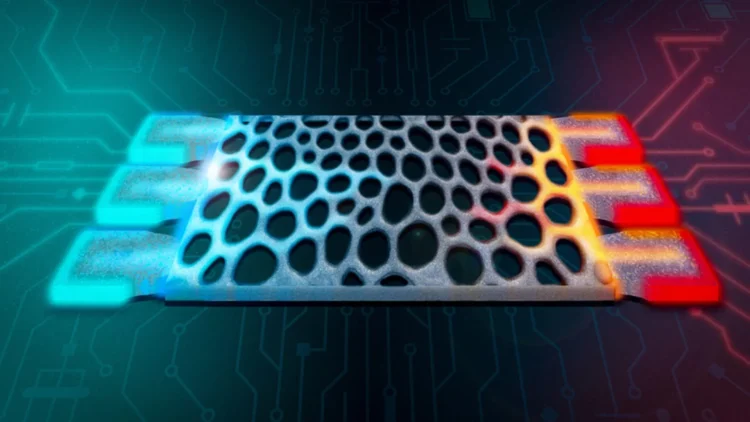 نمایی مفهومی از یک ساختار سیلیکونی شابداع روشی جدید برای پردازش دادهها با استفاده از گرمای هدررفته متخلخل که انتقال گرما را از ناحیه سرد آبیرنگ به ناحیه گرم قرمزرنگ نشان میدهد و نحوه انجام محاسبه با استفاده از گرما را نمایش میدهد.