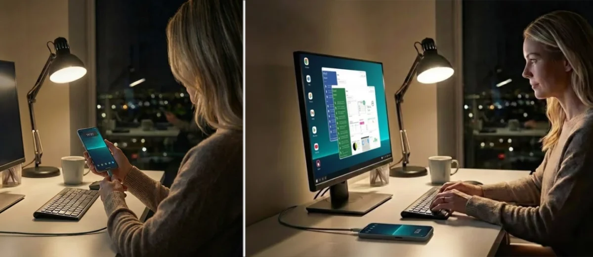 کاربری که تلفن نکس‌فون را به نمایشگر و صفحه‌کلید متصل کرده و از آن به‌عنوان رایانه رومیزی در محیط کاری استفاده می‌کند.