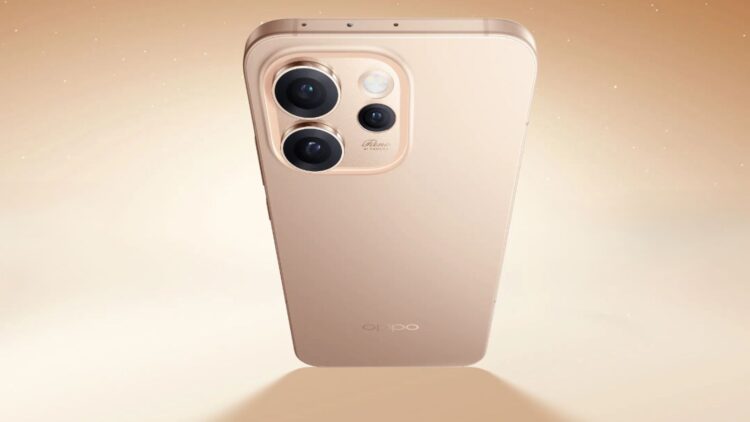 طراحی پشت گوشی اوپو رنو ۱۵ پرو به رنگ طلایی غروب (Sunset Gold) با ماژول دوربین سهگانه.