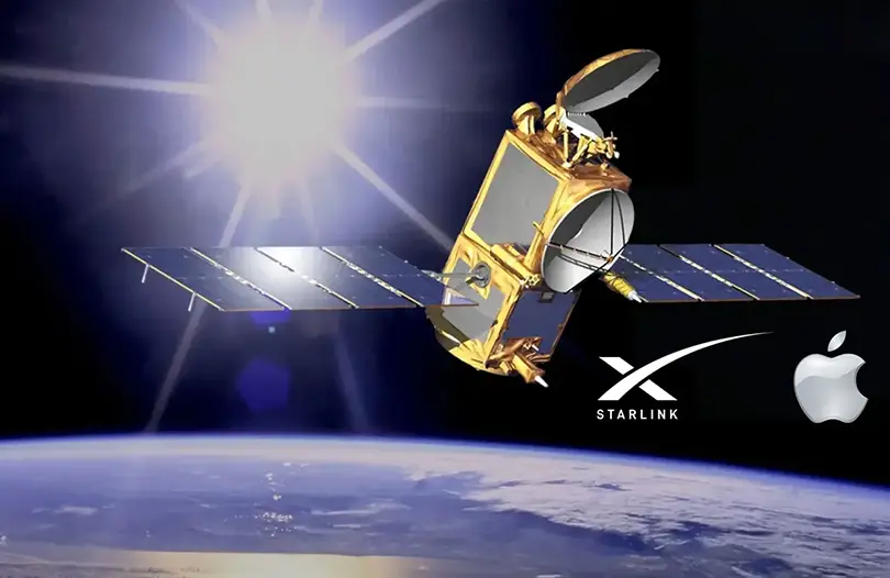 تصویر گرافیکی از یک ماهواره در فضا در کنار لوگوهای استارلینک و اپل.