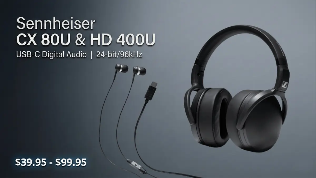 پوستر معرفی هدفون HD 400U و ایرباد CX 80U سنهایزر با ذکر قیمت و قابلیت صدای دیجیتال USB-C.