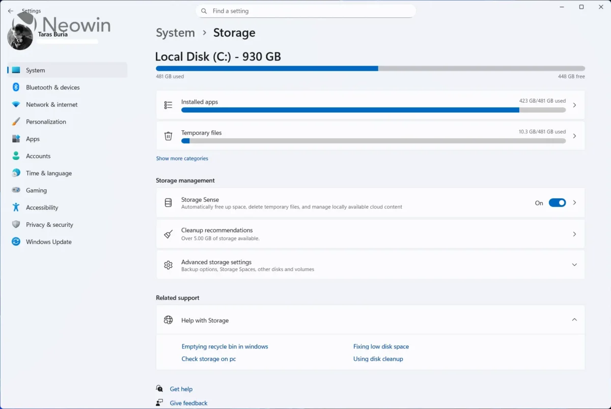 نمای صفحه Storage در تنظیمات ویندوز ۱۱ که میزان فضای اشغال شده توسط برنامهها و فایلهای موقت را نمایش میدهد.