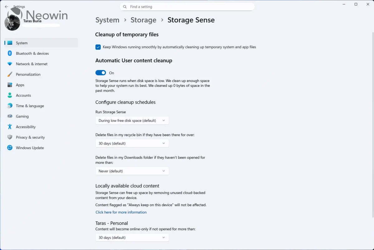 صفحه تنظیمات Storage Sense در ویندوز ۱۱ برای مدیریت خودکار حذف فایلهای موقت و تخلیه سطل زباله.