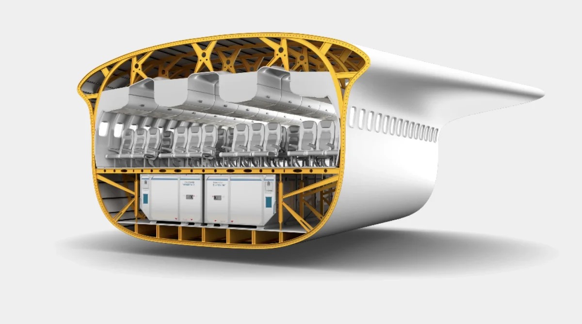 نمای داخلی هواپیمای Horizon Evo از Natilus، با طراحی ساختاری نوآورانه، جایگاه صندلی‌ها و فضاهای بار را به‌طور دقیق نمایش می‌دهد.