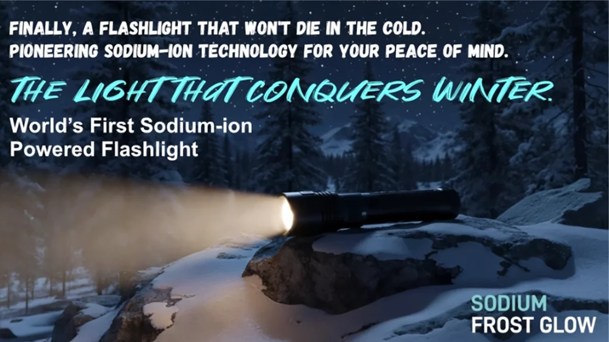 چراغ‌قوه Sodiumfrostglow در شب زمستانی و میان برف با نور قدرتمند 