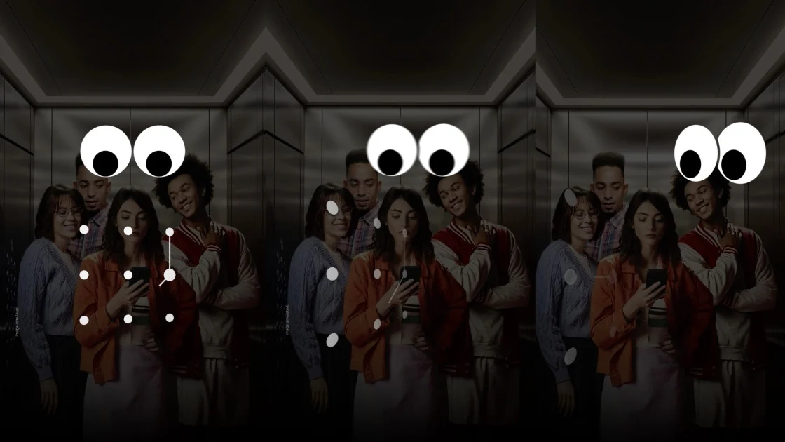 تصویری مفهومی از چند نفر ایستاده در فضای داخلی آسانسور با المان‌های گرافیکی کارتونی و نشانه‌های بصری روی تصویر که حال‌وهوایی انتزاعی و تبلیغاتی ایجاد می‌کند. نورپردازی تیره و ترکیب‌بندی تکرارشونده، حس نظارت دیجیتال، تعامل اجتماعی یا روایت مفهومی مرتبط با فناوری و حریم خصوصی را القا می‌کند.