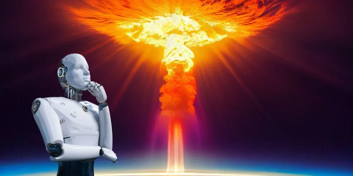 ربات انسان‌نما در برابر آسمانی تاریک به انفجار عظیم قارچی‌شکل ناشی از بمب هسته‌ای نگاه می‌کند، با نور نارنجی درخشان و سایه‌های فضایی در پس‌زمینه