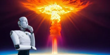 ربات انساننما در برابر آسمانی تاریک به انفجار عظیم قارچیشکل ناشی از بمب هستهای نگاه میکند، با نور نارنجی درخشان و سایههای فضایی در پسزمینه