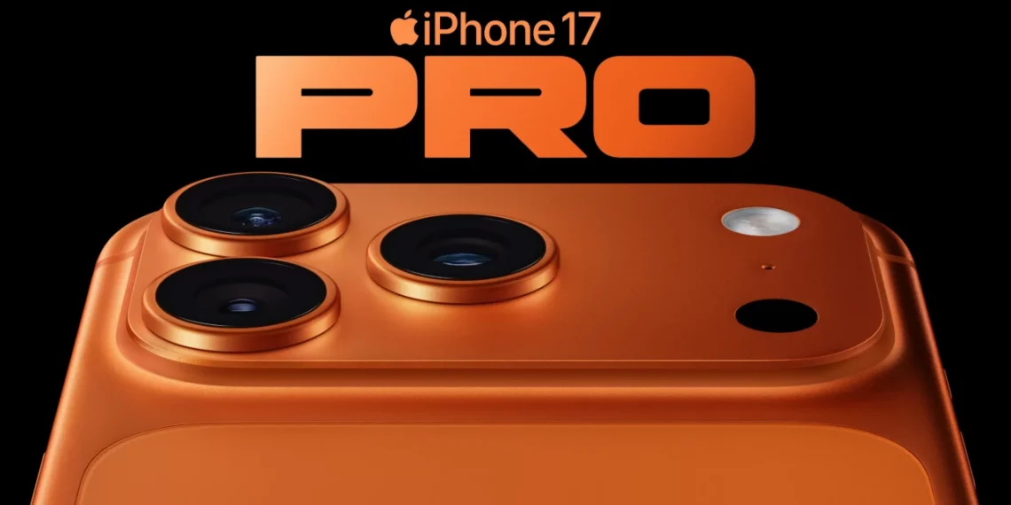 تصویر تبلیغاتی iPhone 17 Pro با بدنه نارنجی و ماژول دوربین برجسته؛ نوشته iPhone 17 PRO در پسزمینه مشکی که بر موقعیت پرچمدار و تمرکز اپل بر سیستم دوربین حرفهای تأکید دارد